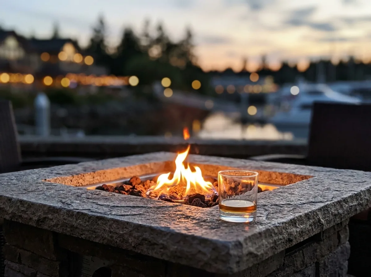 A gas fire pit set into a low table with a glass on the stone rim