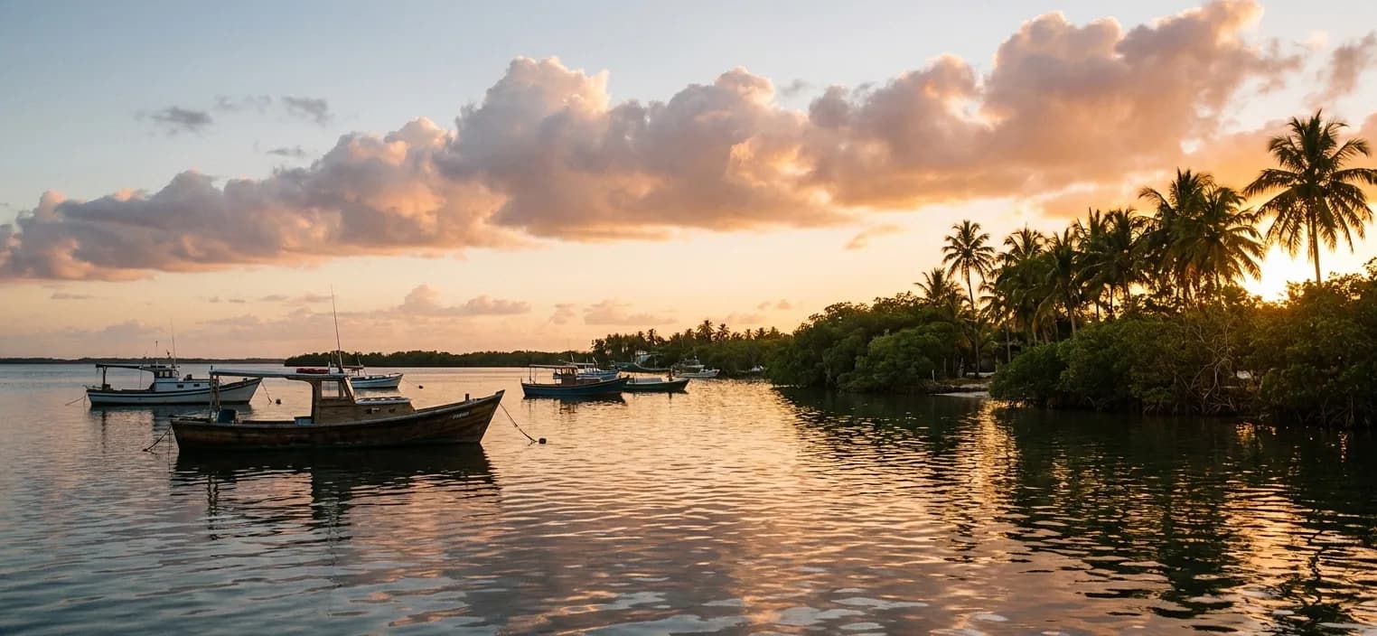Calm water and a tropical shoreline at golden hour