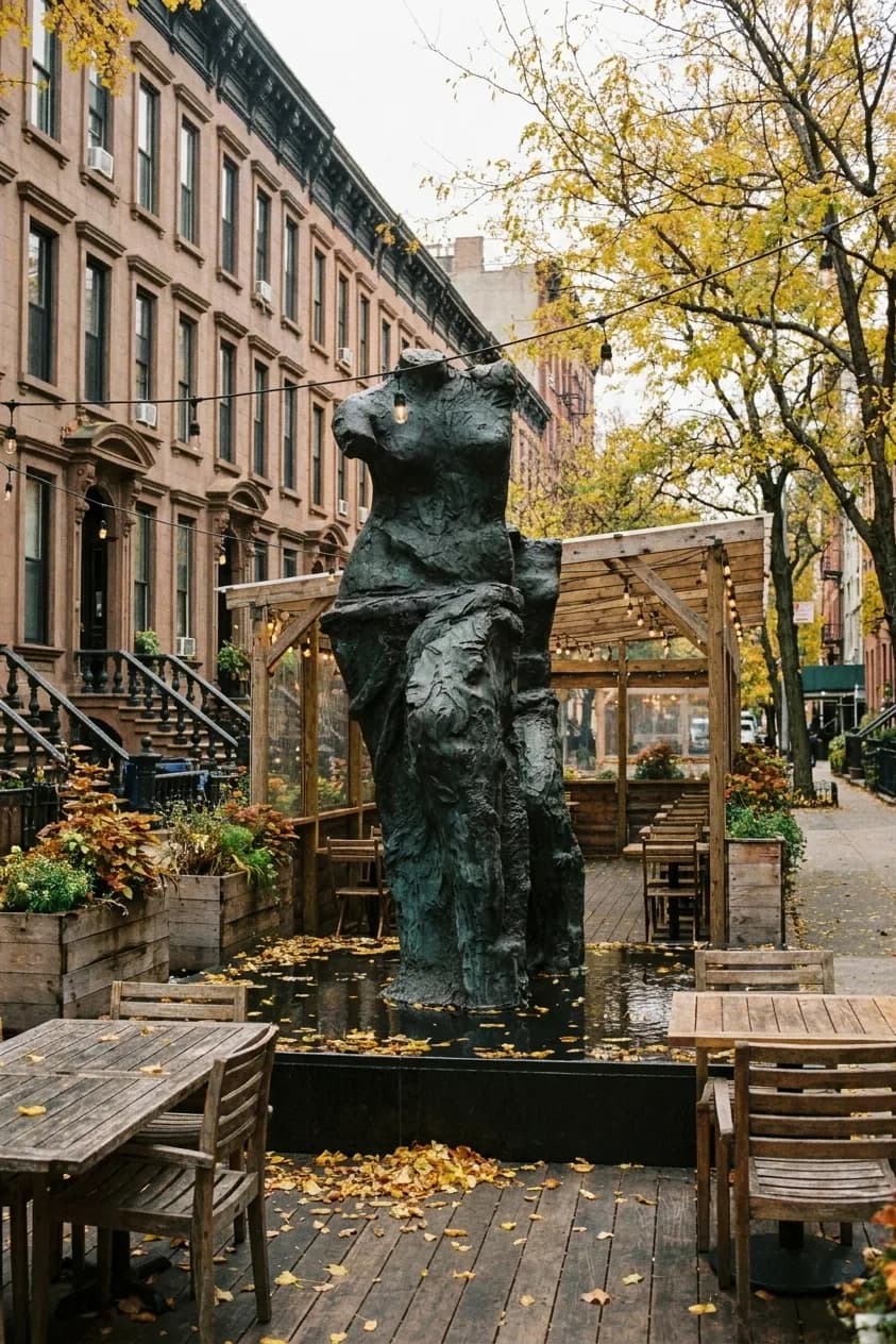 A timber roadway dining structure at the kerb on an autumn New York street