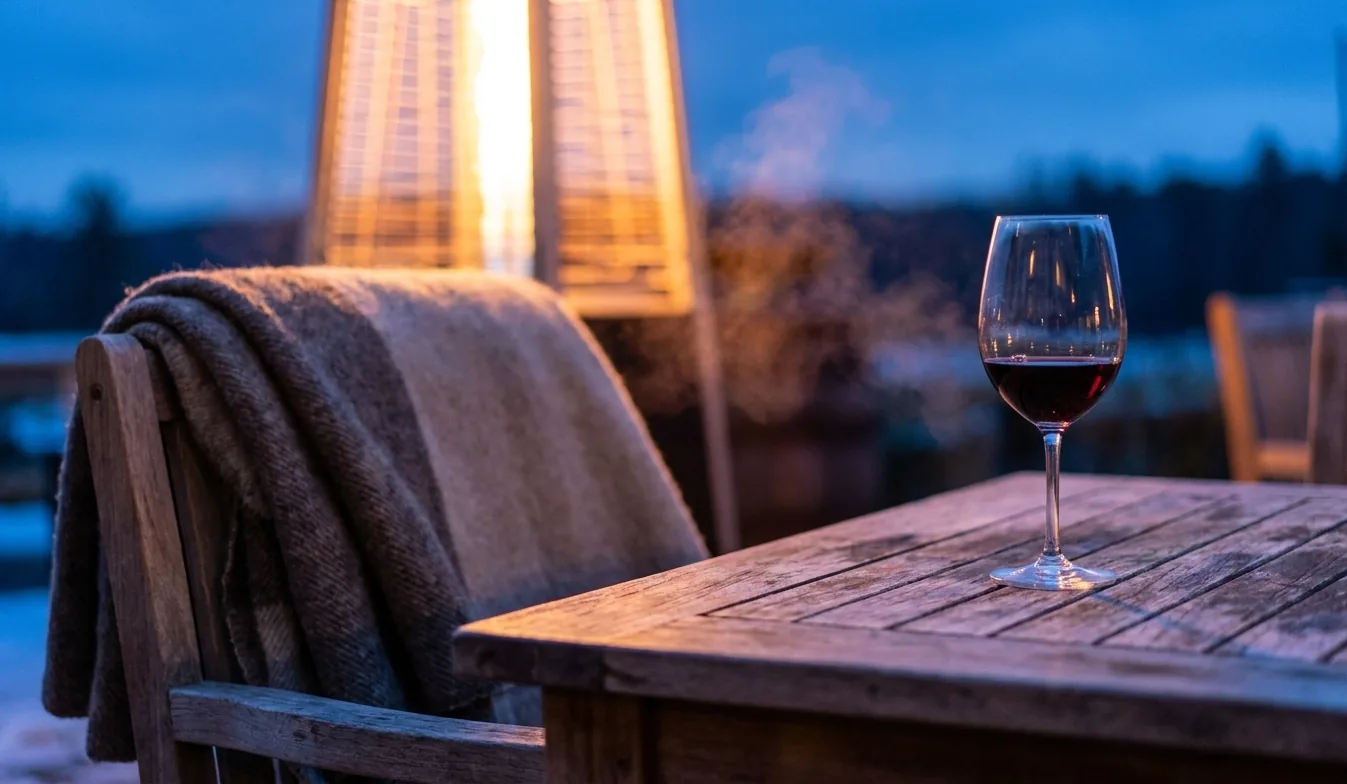 An outdoor restaurant table with a blanket and a patio heater glowing behind