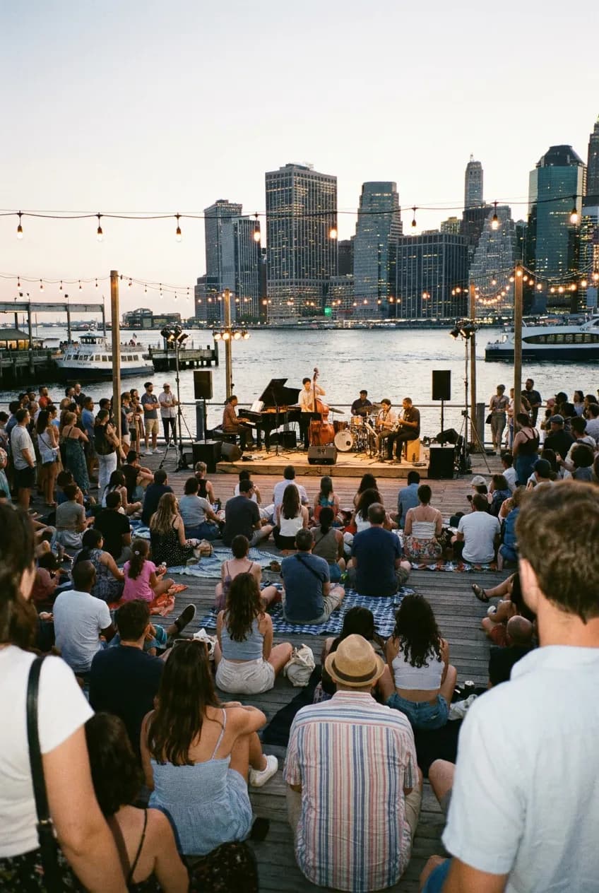 Brooklyn waterfront live music crowd at sunset