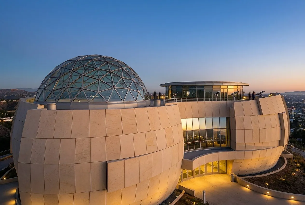 A public telescope terrace with a domed roof against a clear evening sky