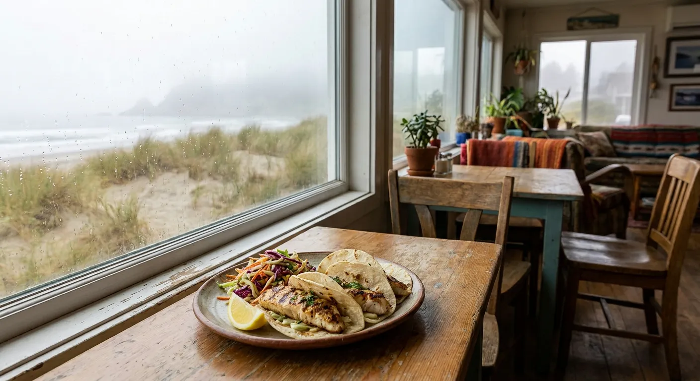 A casual plate of fish tacos on a windowsill table with fog and Ocean Beach dunes outside the window