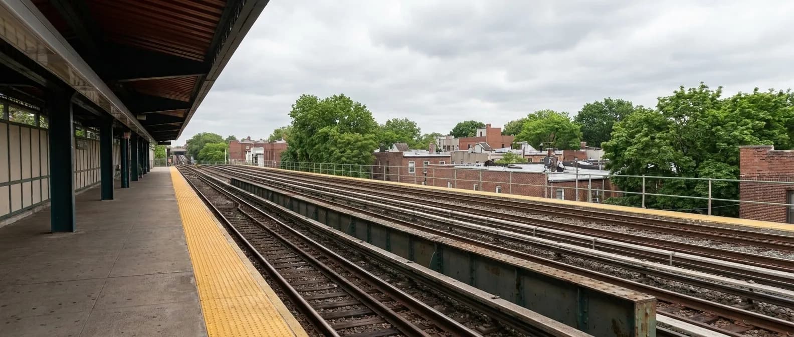 Elevated subway platform view over Midwood Brooklyn rooftops along the ride out to Di Fara Pizza