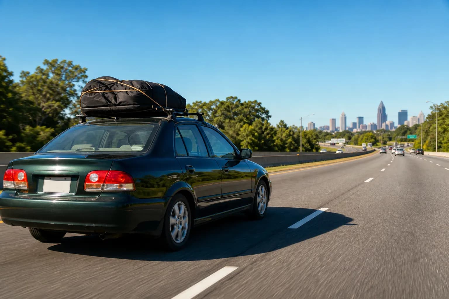Bright out-of-state student road trip car headed toward NYC