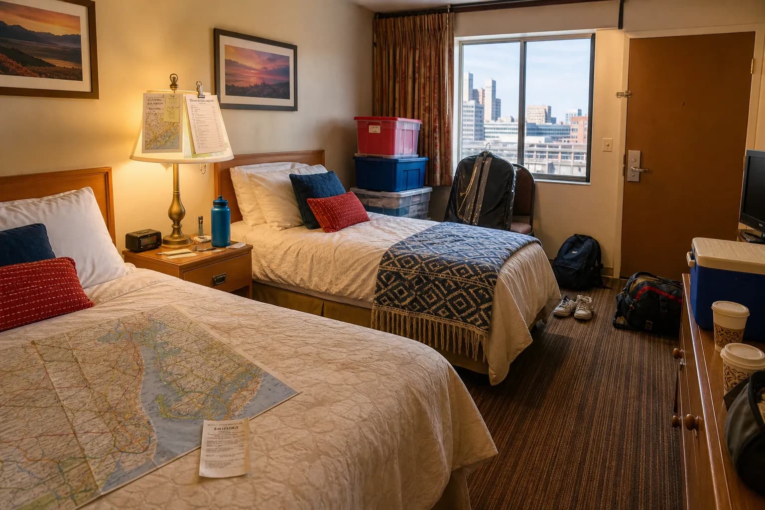 Overnight motel staging for NYC college move-in luggage