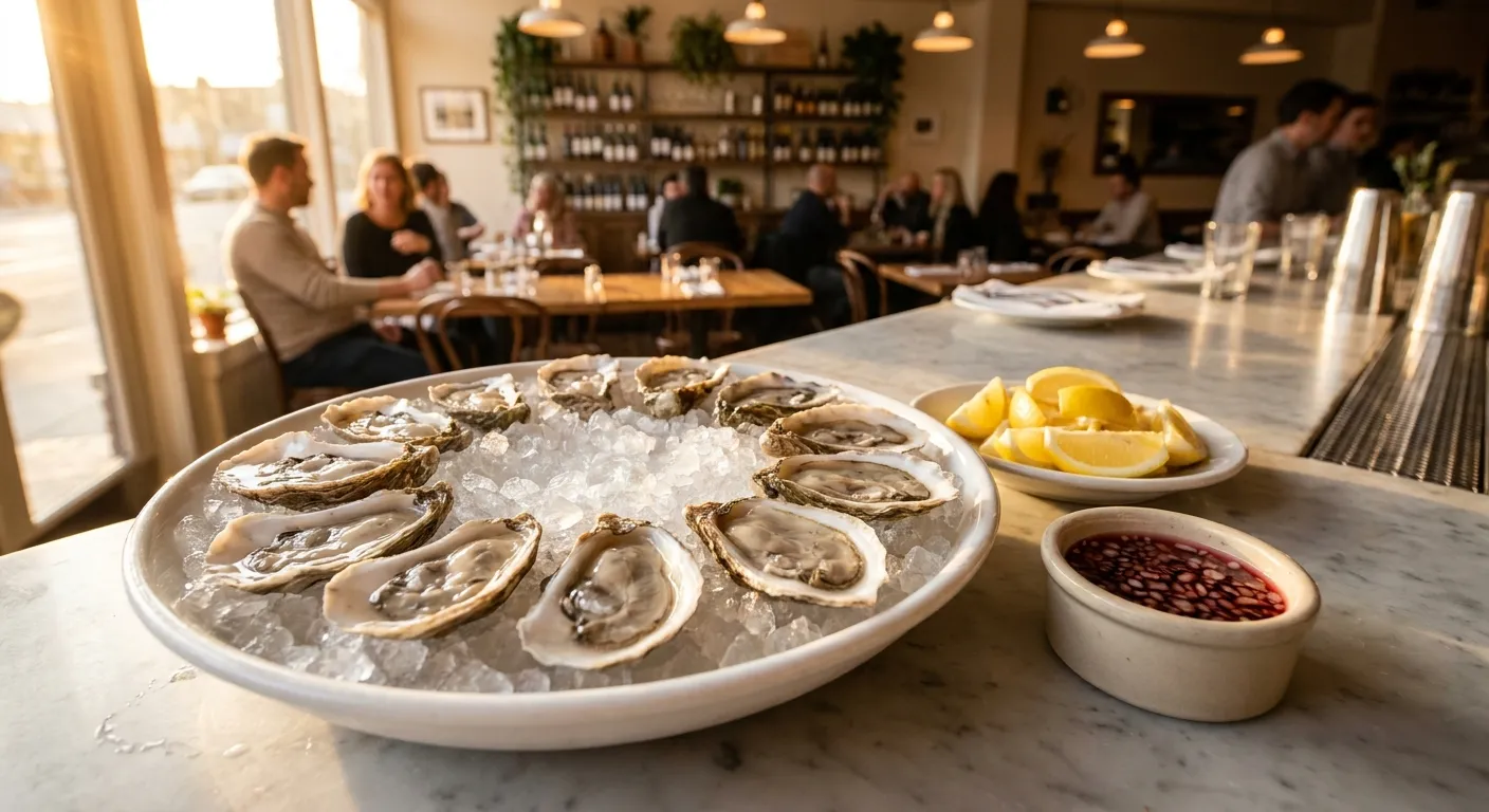 A dozen oysters on crushed ice with mignonette and lemon in late-afternoon window light