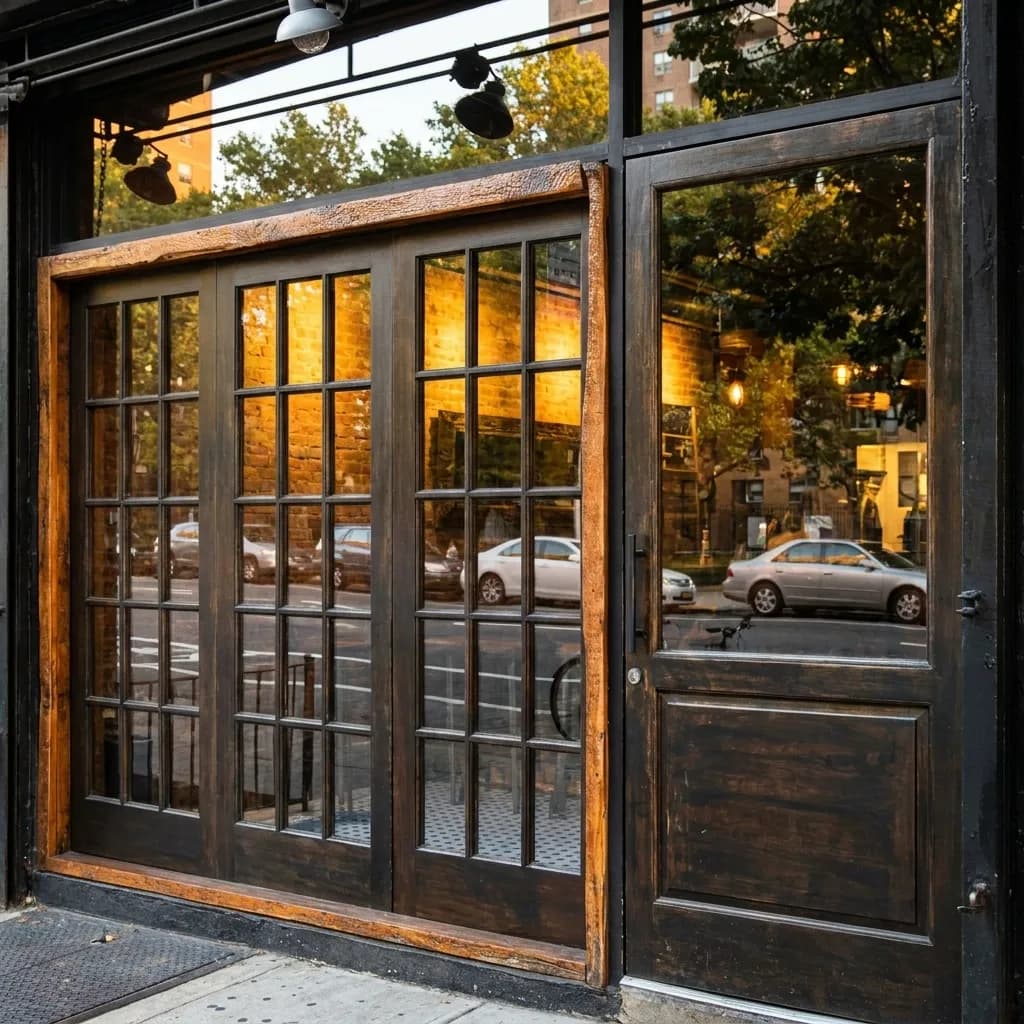 Dark wood-framed glass storefront of an East Village oyster bar glowing warmly at dusk