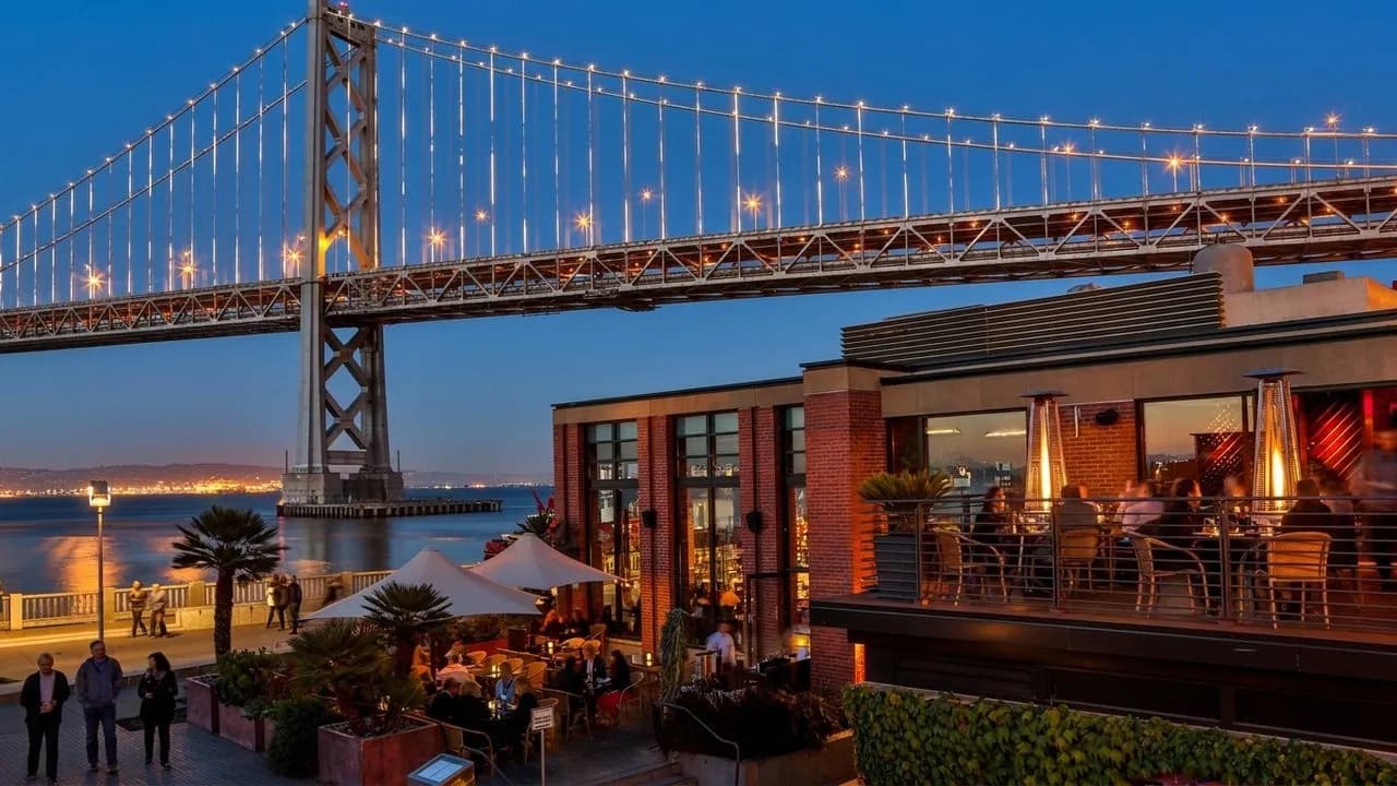 Waterbar on the San Francisco waterfront with Bay Bridge light in the background