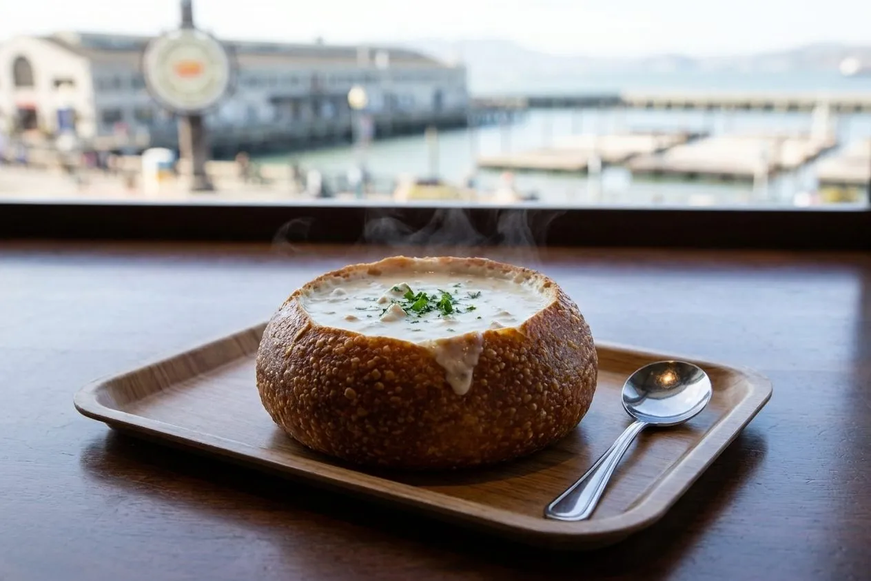 Steaming clam chowder in a sourdough bread bowl on a waterfront table