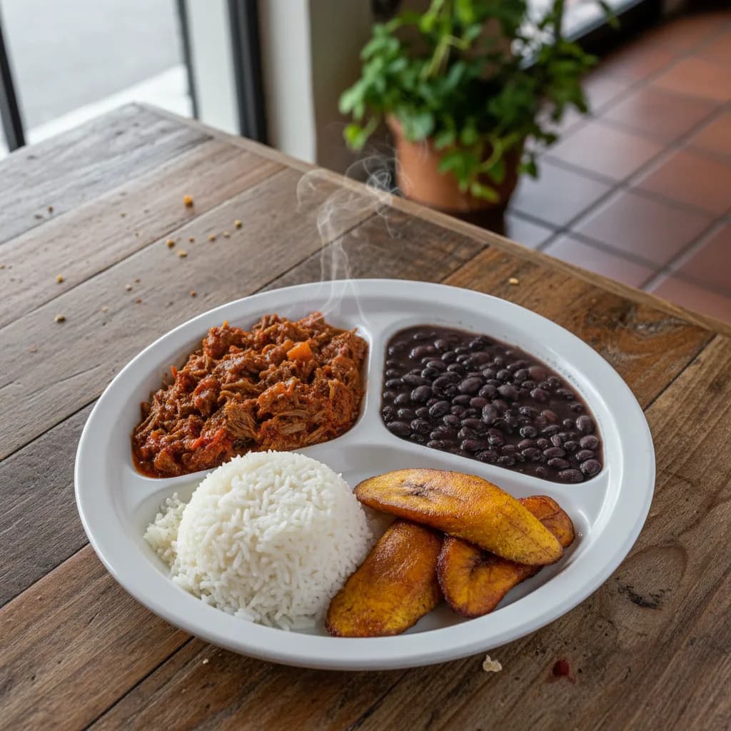 Overhead view of a pabellon criollo plate with shredded beef, black beans, white rice and sweet plantains on a wood table