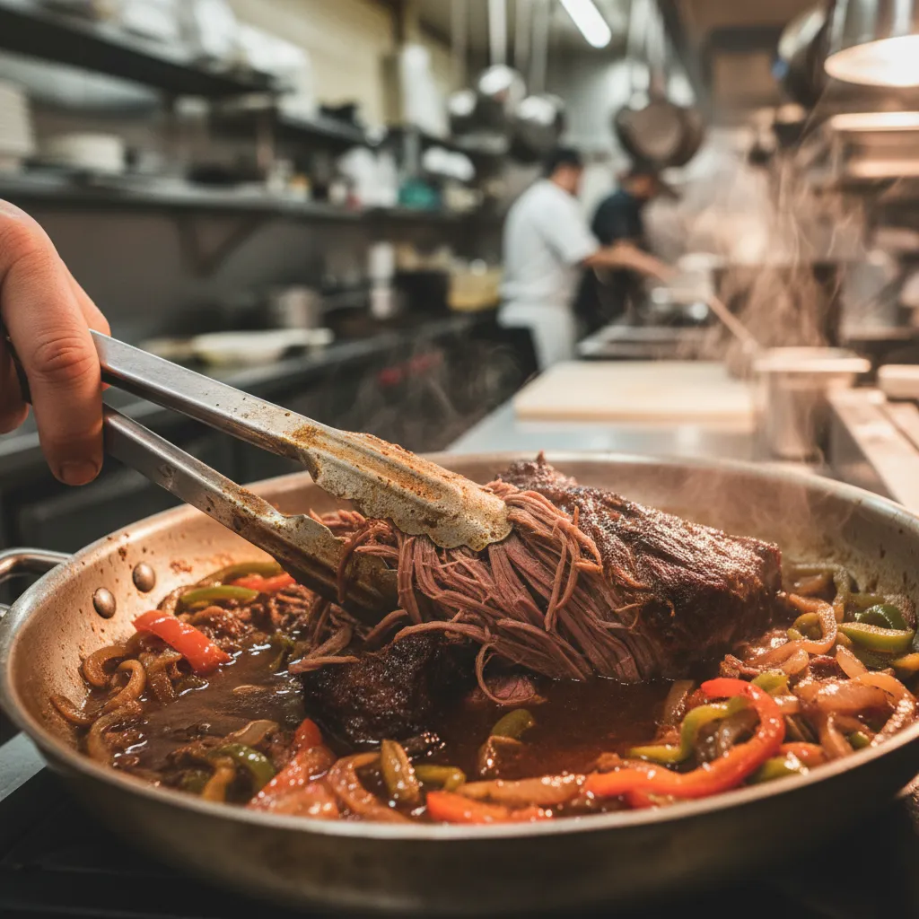 Tongs shredding braised beef into carne mechada in a steel pan with onions and peppers