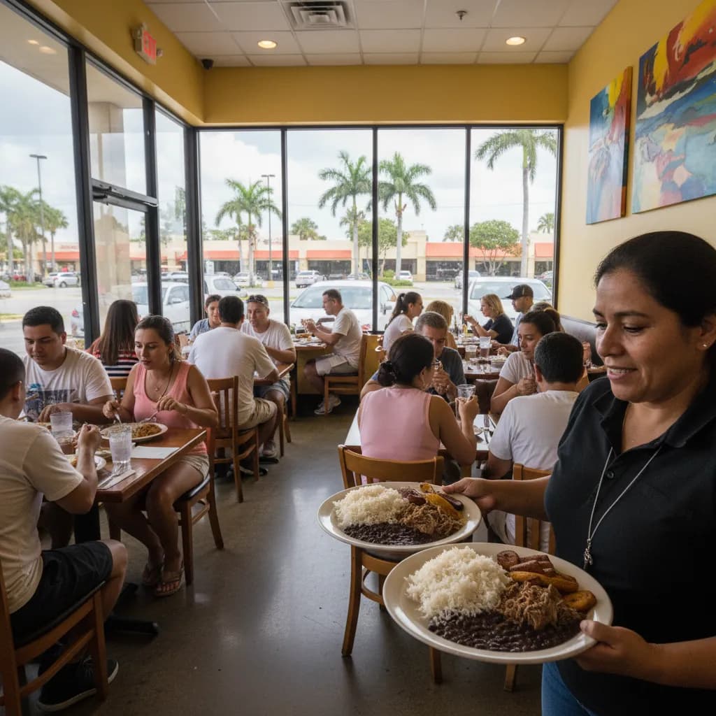 Bright lunchtime dining room of a casual Venezuelan restaurant in Doral with a server carrying plates