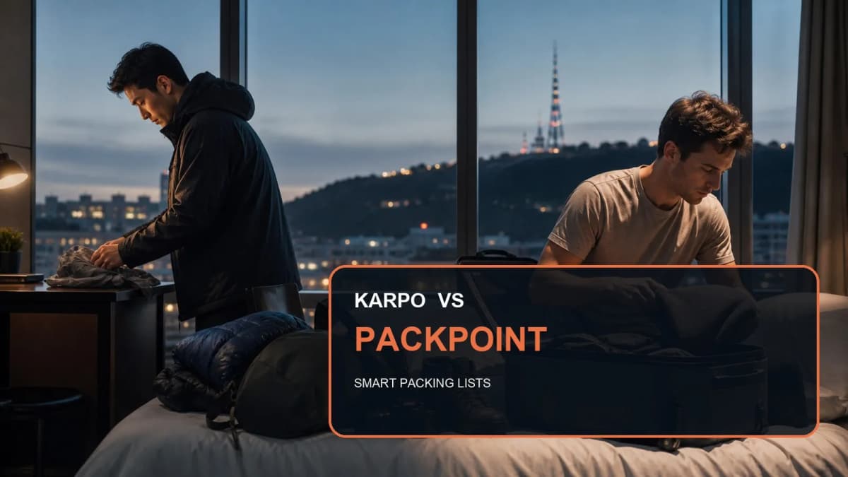 Karpo versus PackPoint in a photorealistic editorial city comparison.