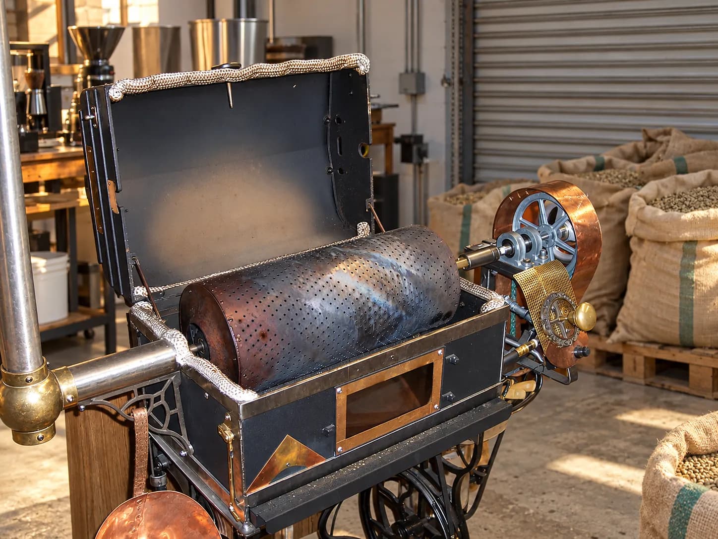 Industrial drum coffee roaster with a cast metal body and glass trier port, sacks of green beans beside it on a concrete floor