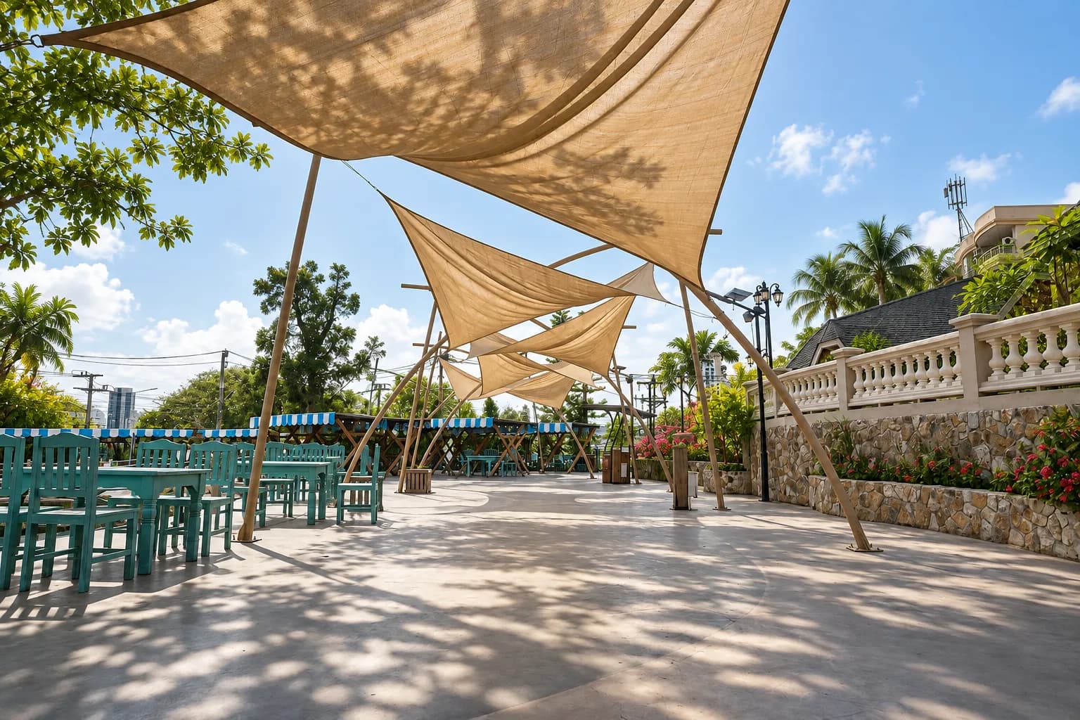 Small outdoor café patio with mismatched metal tables and chairs under a partial canopy, tropical planting and strong dappled sunlight
