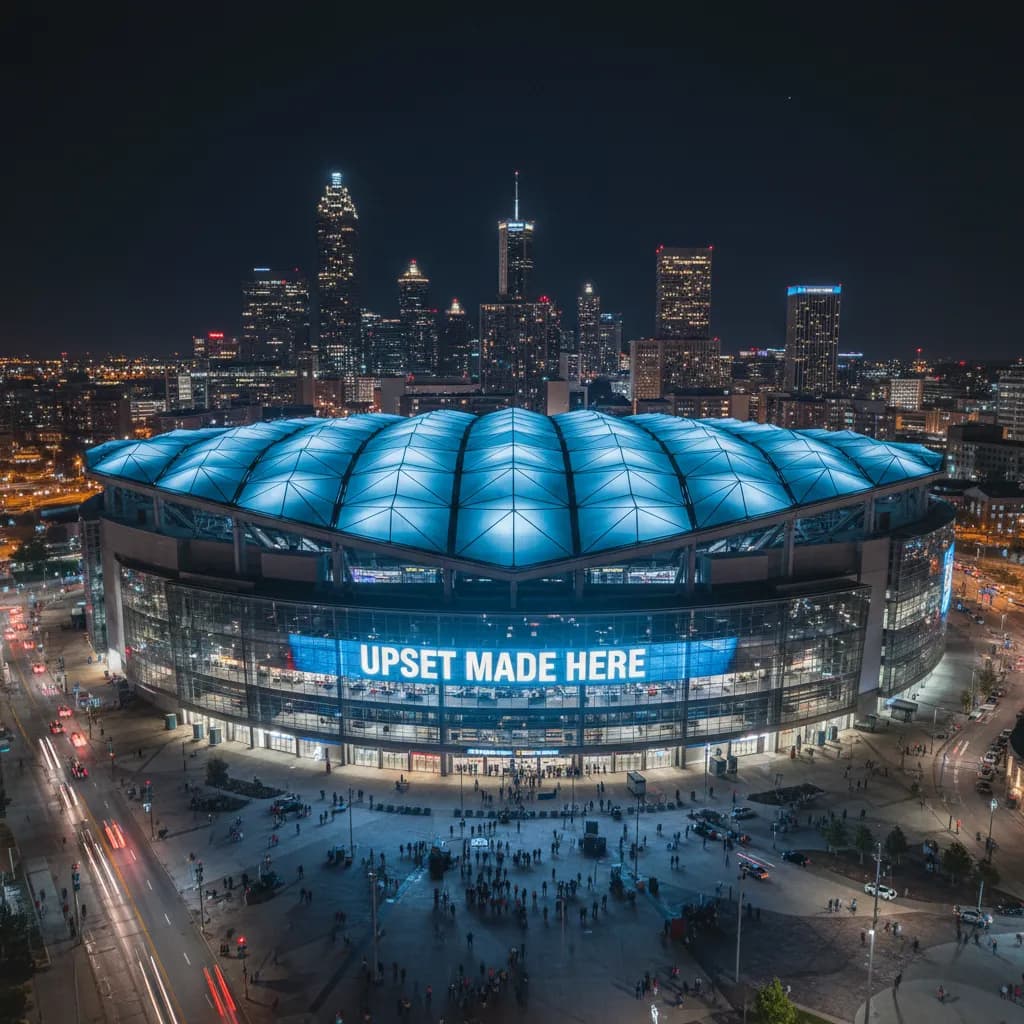 Mercedes-Benz Stadium in Atlanta at night with its illuminated petal-shaped roof structure