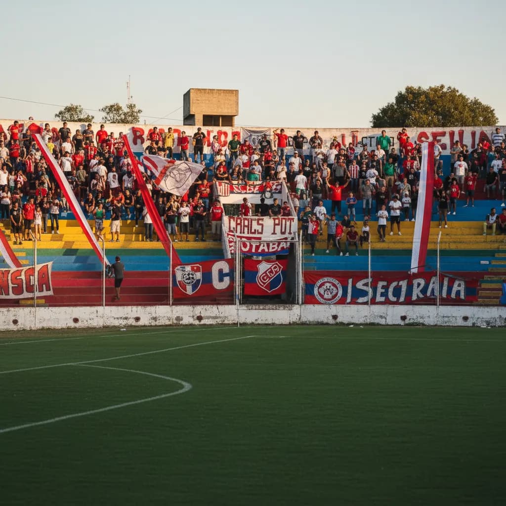 A modest South American soccer stadium with passionate fans in red and white