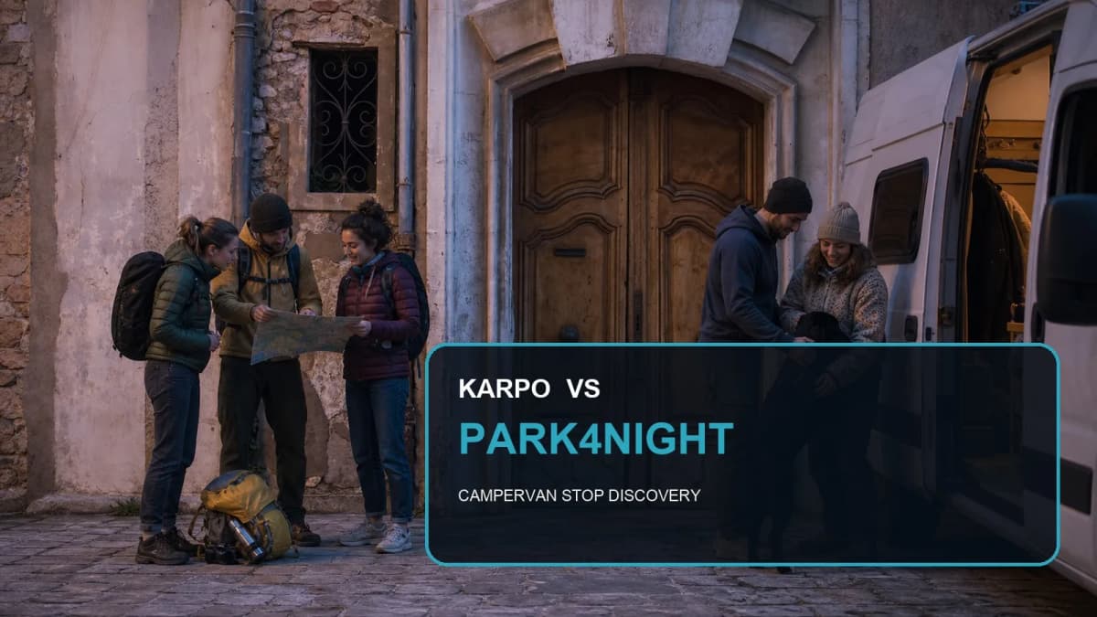 Karpo versus park4night in a photorealistic editorial comparison.