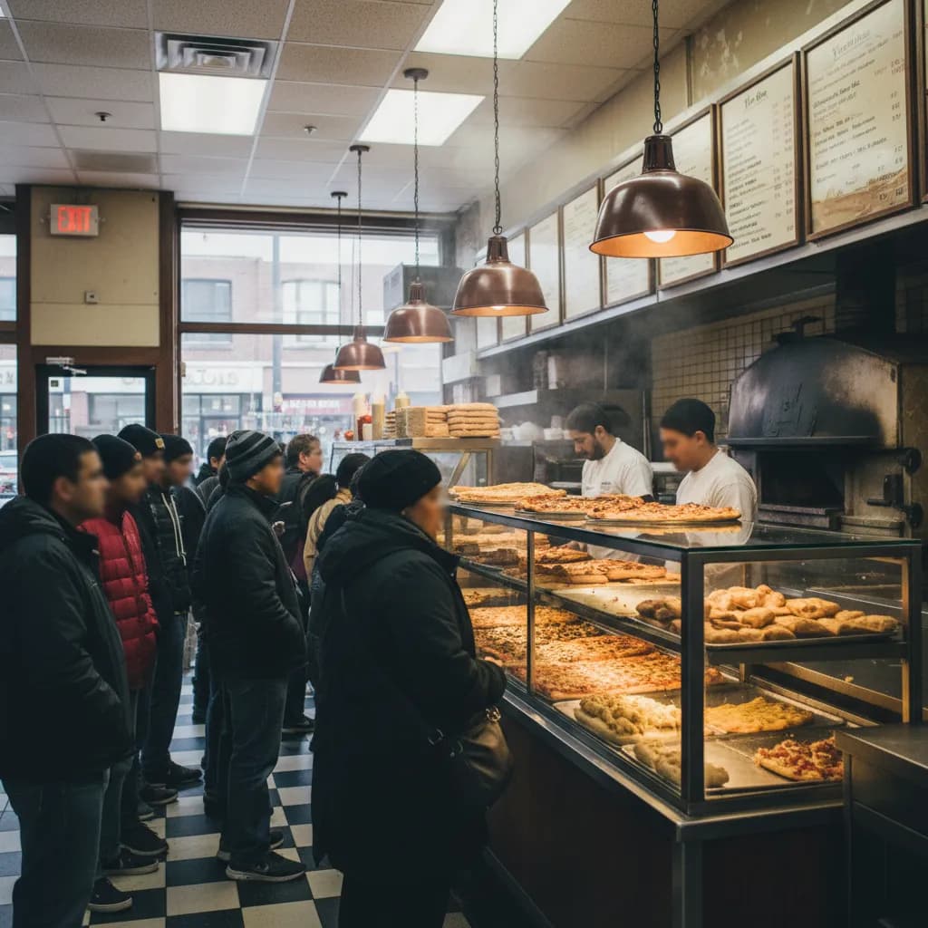 Editorial-style realistic scene inspired by New Park Pizza in New York.