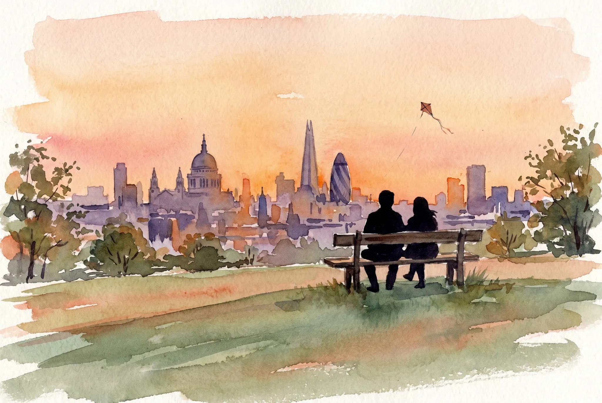 AI-generated watercolor: the view from Parliament Hill at golden hour with the central London skyline including St Paul's, the Shard and the Gherkin in soft watercolor washes; two silhouetted figures sit on a bench in the foreground watching the view; a kite is high in the sky