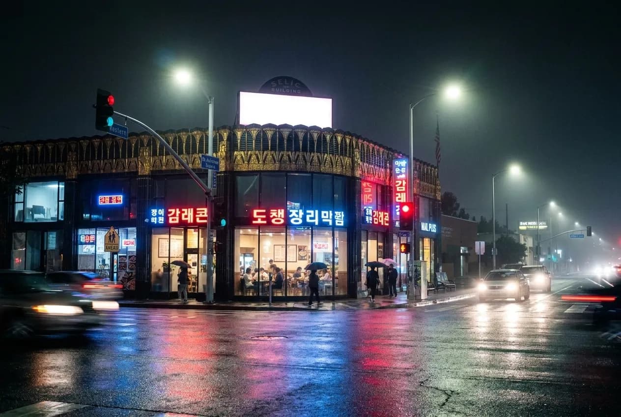 Western Avenue in Koreatown at night with neon restaurant signs and pedestrians on the sidewalk
