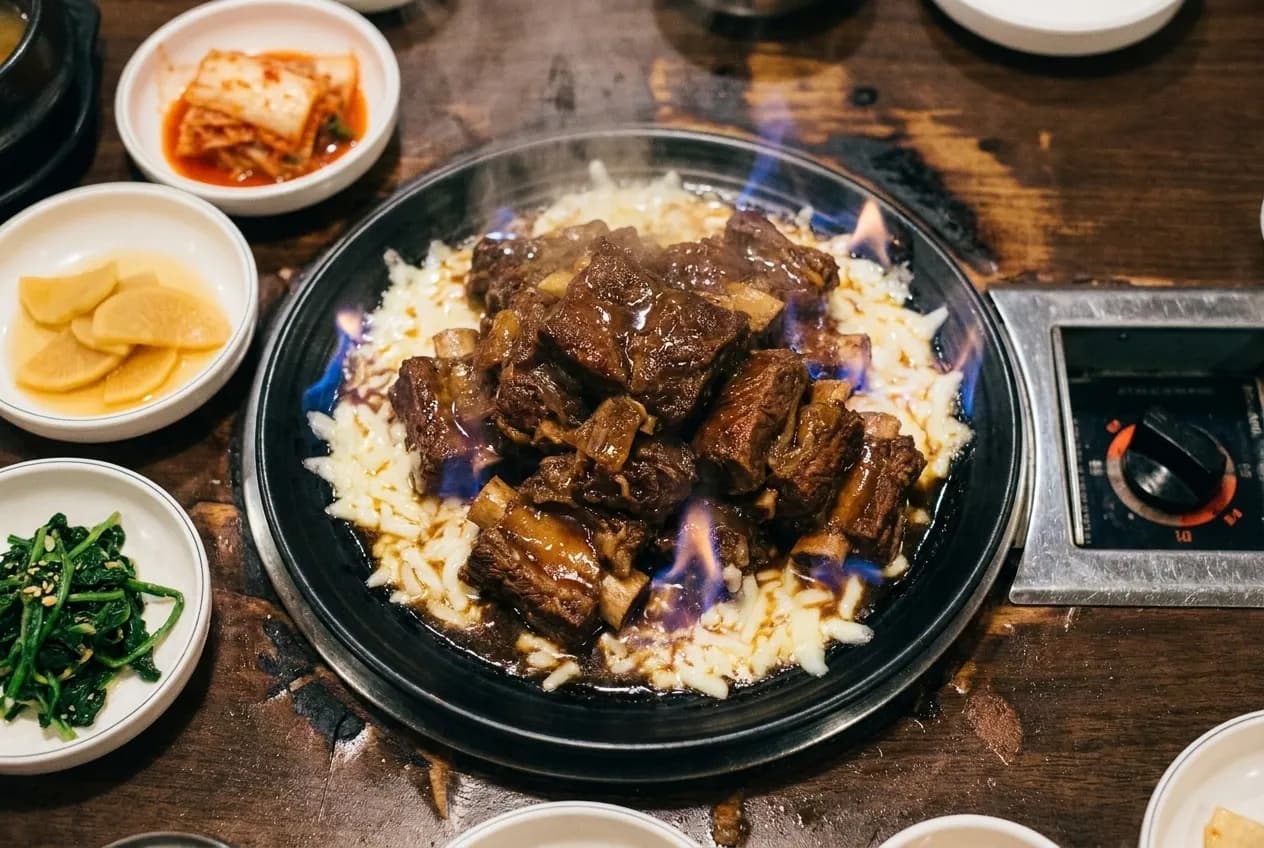 Galbi jjim braised short rib with melted cheese being flambéed on a table surrounded by banchan side dishes
