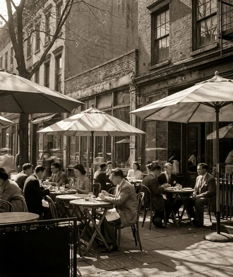 Patio chairs at Cafe Mogador where the morning sun hits St. Marks Place and the mint tea is served in glass
