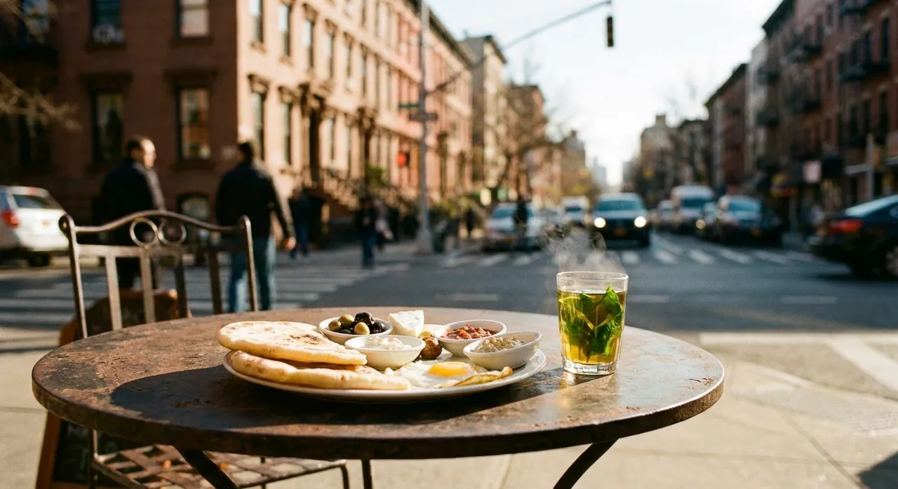 Patio chairs at Cafe Mogador where the morning sun hits St. Marks Place and the mint tea is served in glass