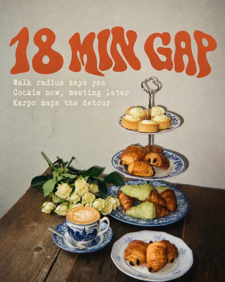 Karpo calendar surfacing a patisserie within a 20-block walking radius