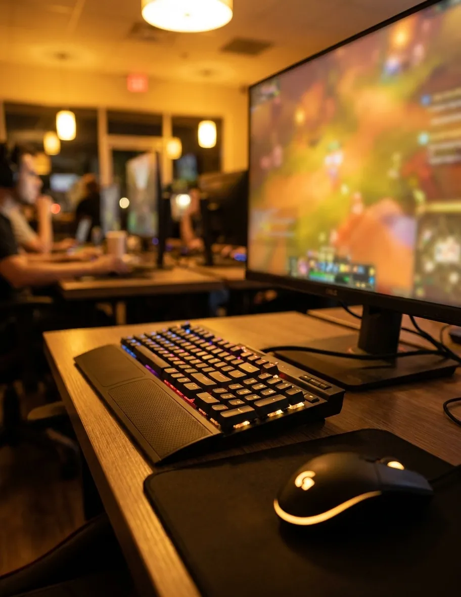 Mechanical gaming keyboard with RGB lighting and gaming mouse on desk at Los Angeles PC cafe