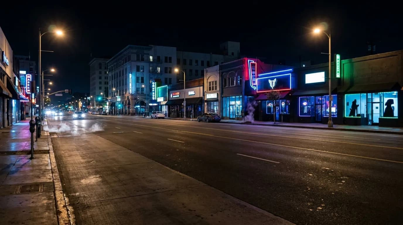 Wilshire Boulevard at night with street lights and storefronts in Mid-Wilshire Los Angeles