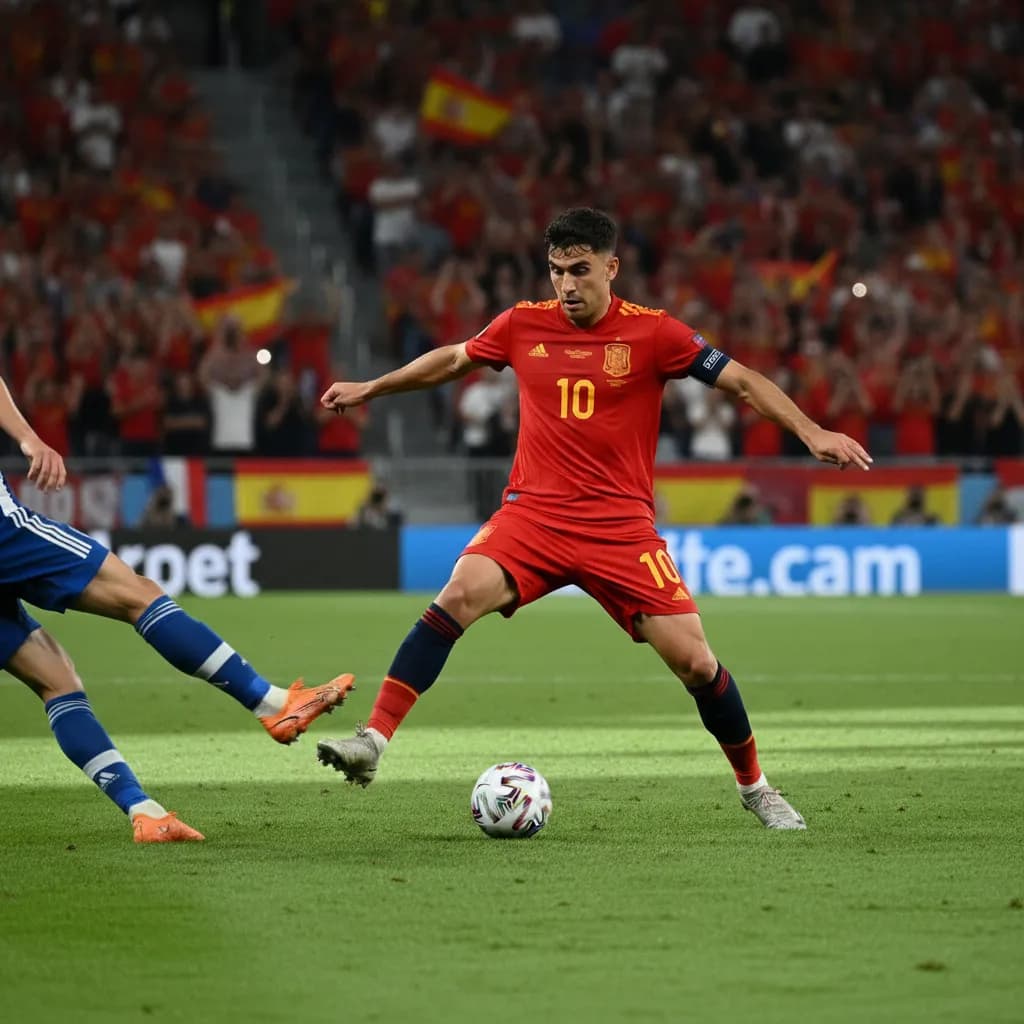 Pedri gliding past a challenge in Spain's red jersey during World Cup 2026