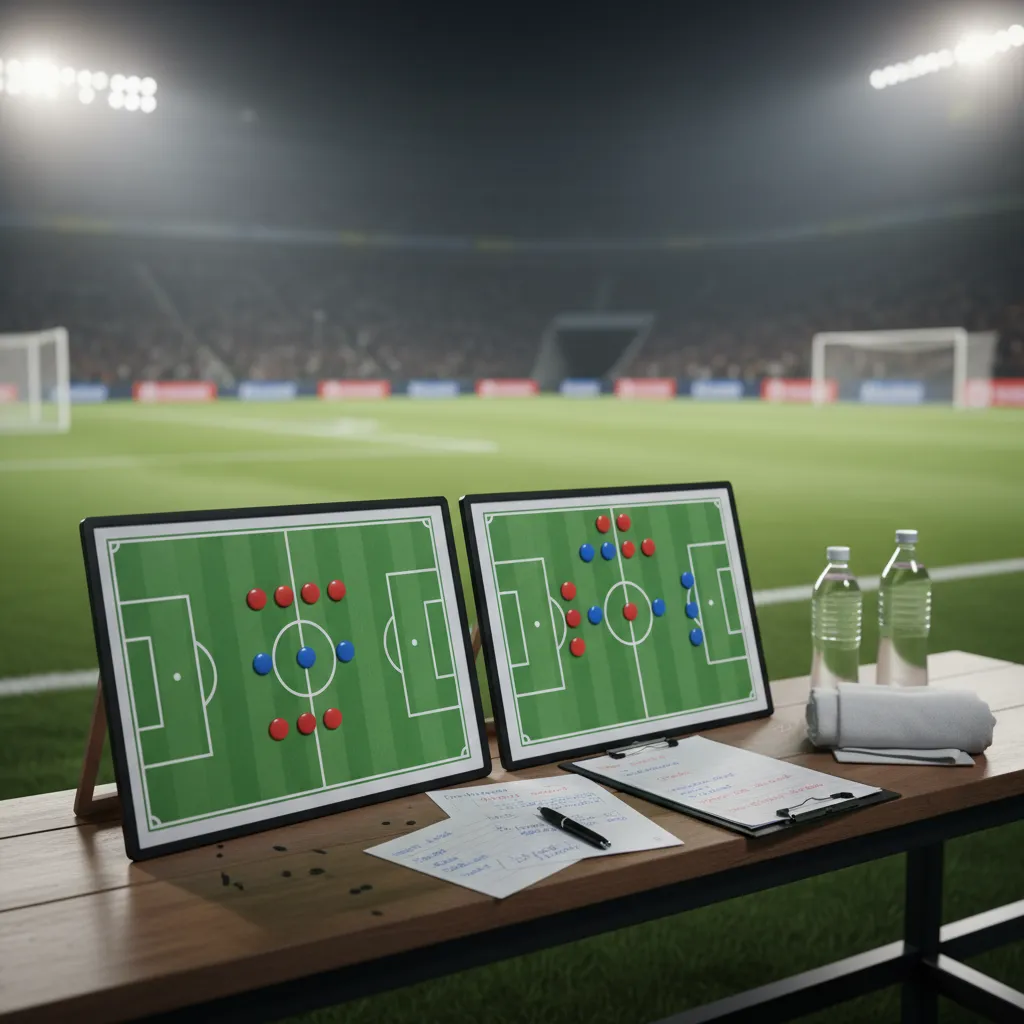 A tactical board on the coaching bench shows Spain's formation