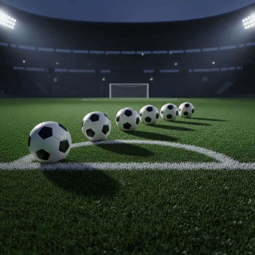 Five soccer balls lined up on a penalty spot in sequence showing progression of kicks