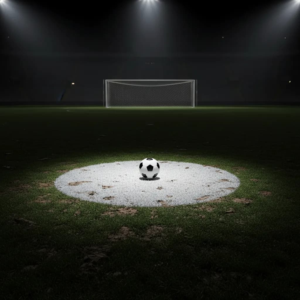 A soccer ball sits alone on the penalty spot under dramatic World Cup stadium lights