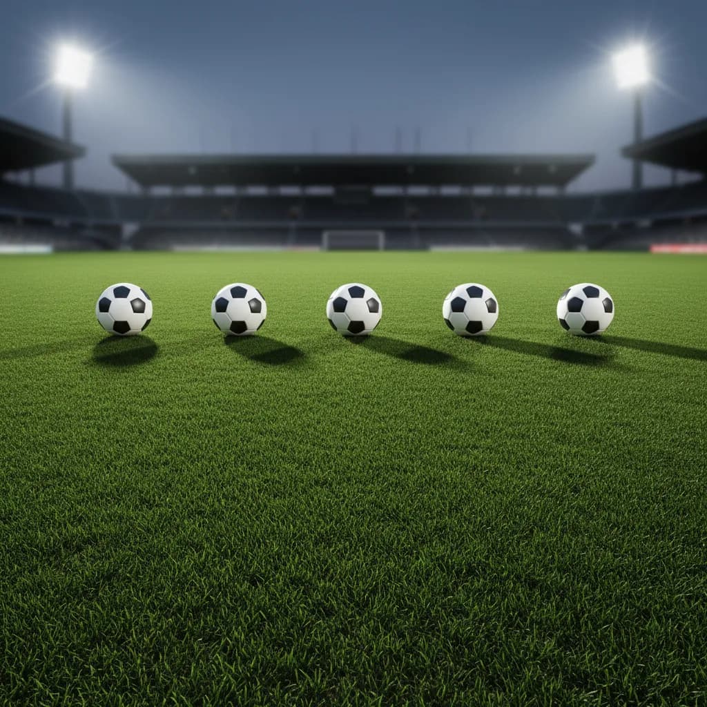 A soccer ball sits alone on the penalty spot under dramatic World Cup stadium lights