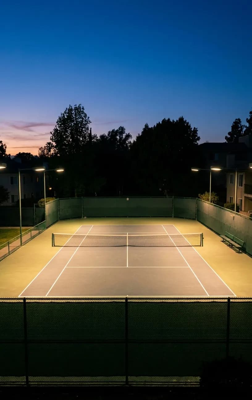 Single lighted tennis court at dusk with bright overhead lights illuminating the playing surface against a darkening sky