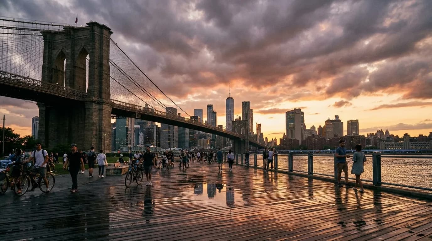 Realistic NYC scene for Permanent Daylight Savings Time: NYC Sunset Plans After Work