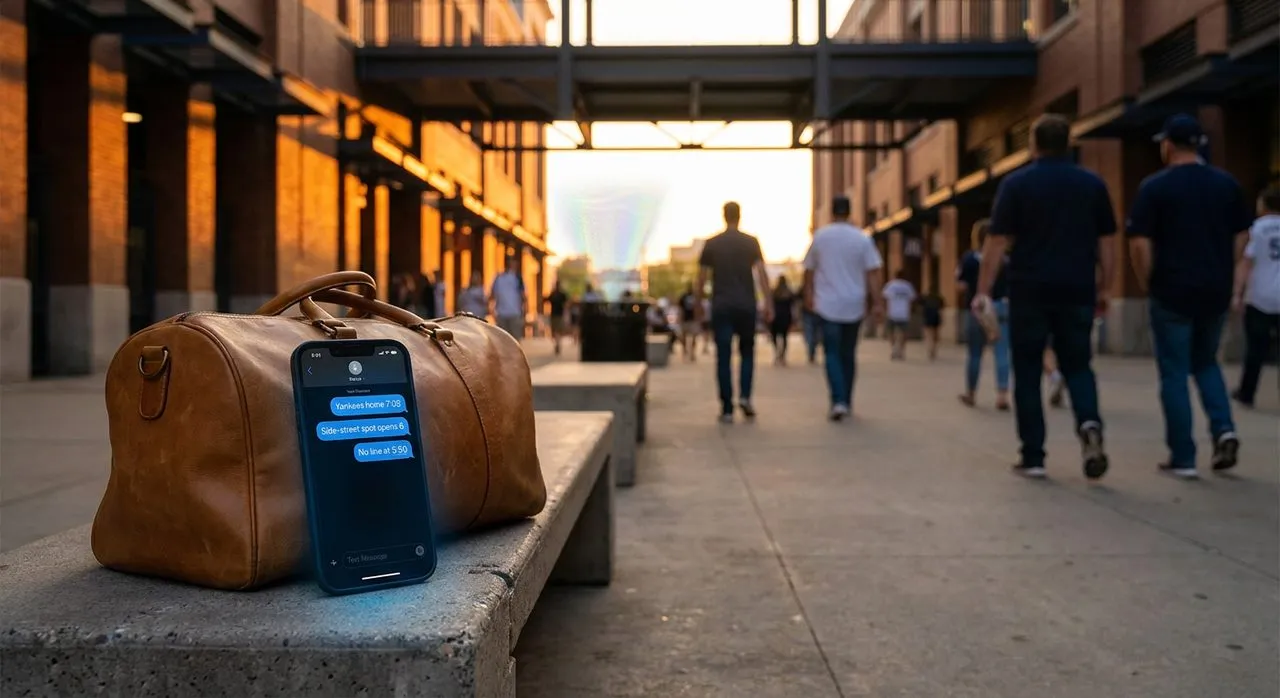 NYC stadium concourse at golden hour with a phone on a bench showing a Karpo iMessage-style chat about the Yankees home game pre-game spot