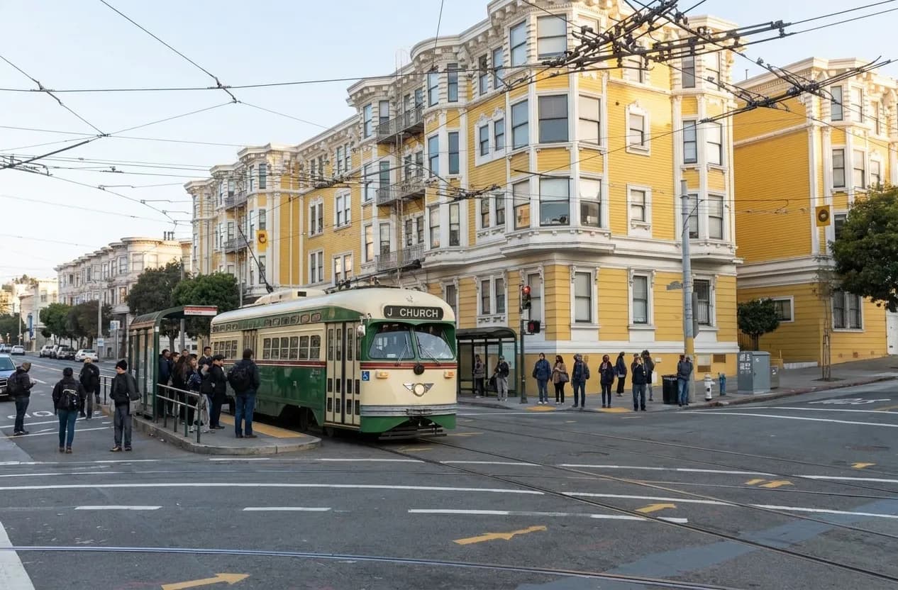 Church Street Muni station entrance with streetcar arriving in San Francisco