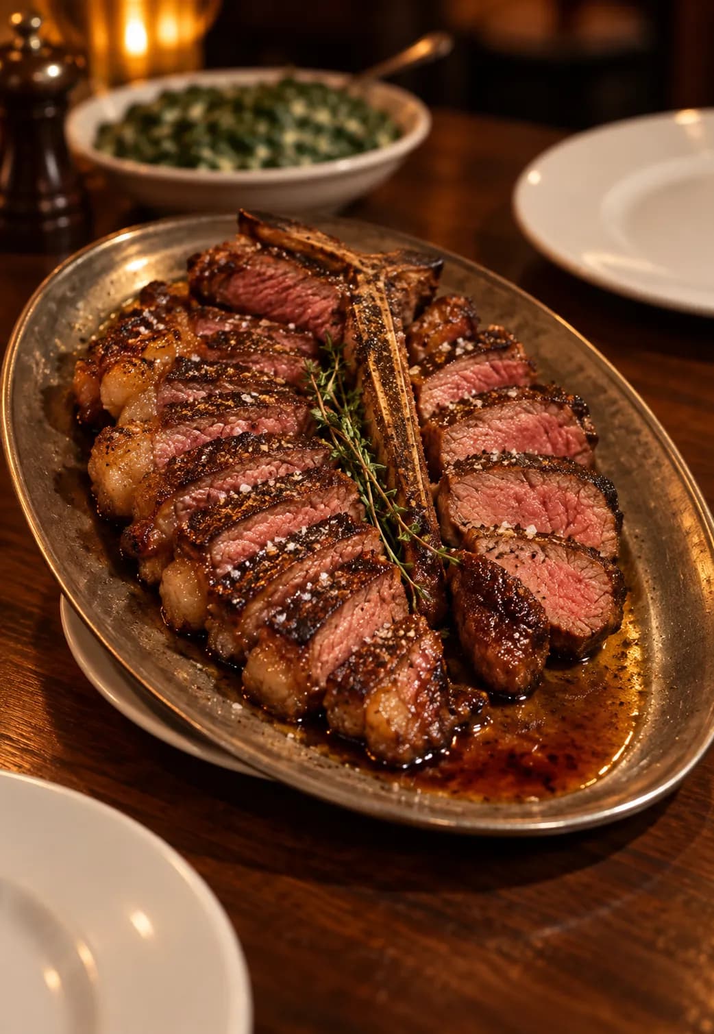 A sliced dry-aged porterhouse steak on a heated metal platter tilted in beef fat, the bone in the centre and the slices fanned along both sides