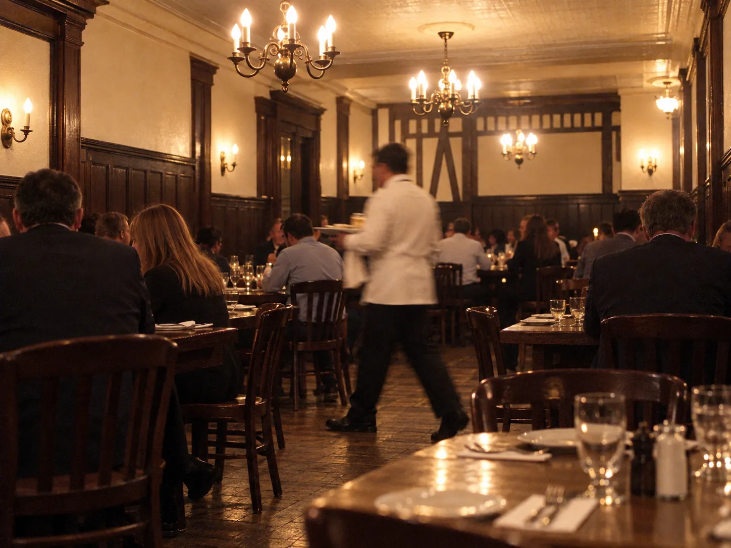 The interior of an old German-style beer-hall dining room: heavy dark wood tables, plain wooden chairs, wainscoting and brass fittings under warm light