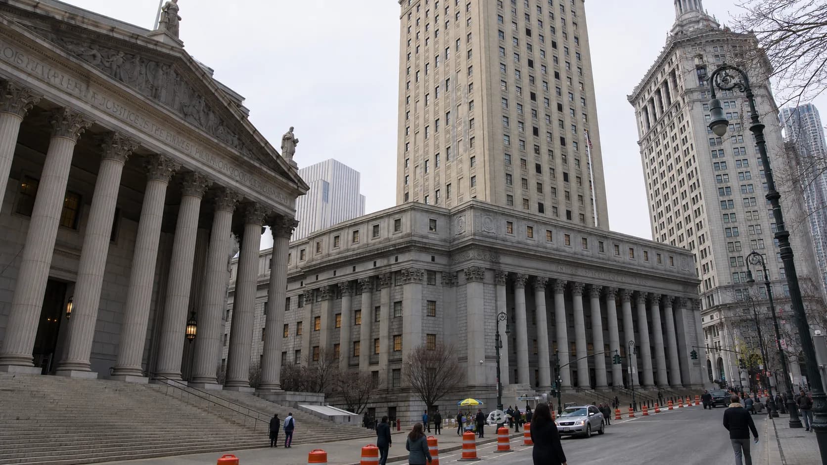 Federal courthouse architecture near Foley Square in Lower Manhattan on a clear day.