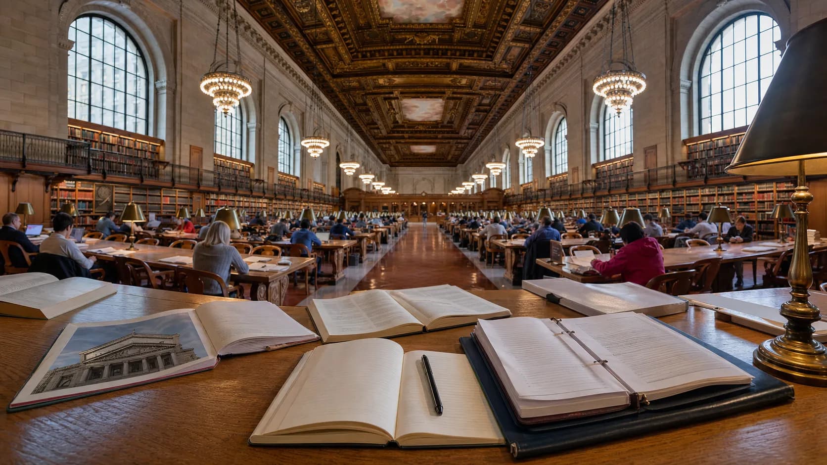 Open books and legal papers on a library table in a New York public reading room.