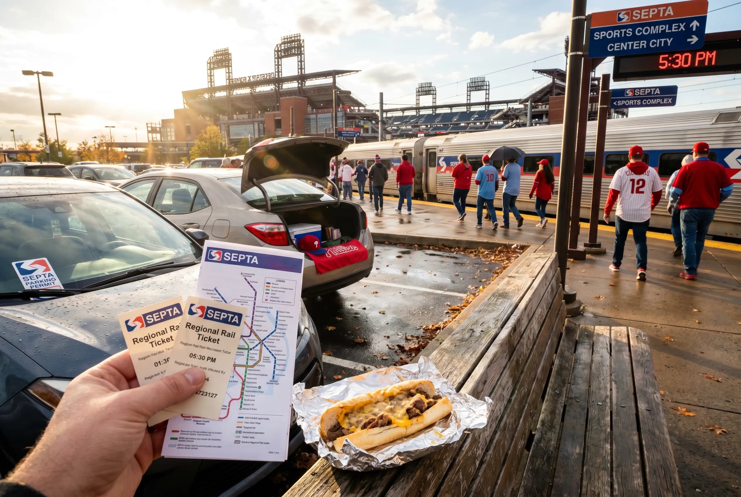 A bright practical scene for philadelphia stadium septa parking and cheesesteak match guide.