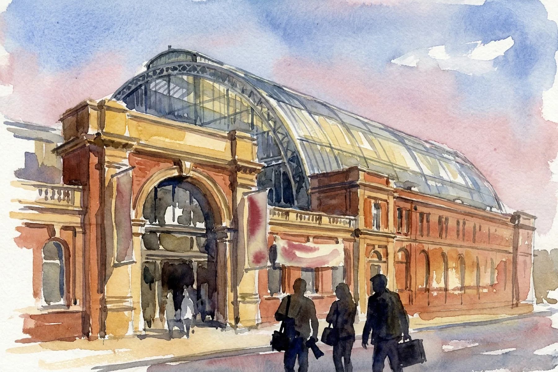 AI-generated watercolor: the iconic Victorian glass-and-iron facade of Olympia London on a bright May afternoon, the curved barrel-vault roof of the National Hall in profile, vintage red-brick frontage, three or four photographers approaching the entrance as pure dark silhouettes carrying camera bags and portfolio cases, a soft Photo London banner near the entrance shown as a low-key abstract shape, spring sky with soft cobalt and dusty pink wash, warm late-afternoon glow on the brickwork