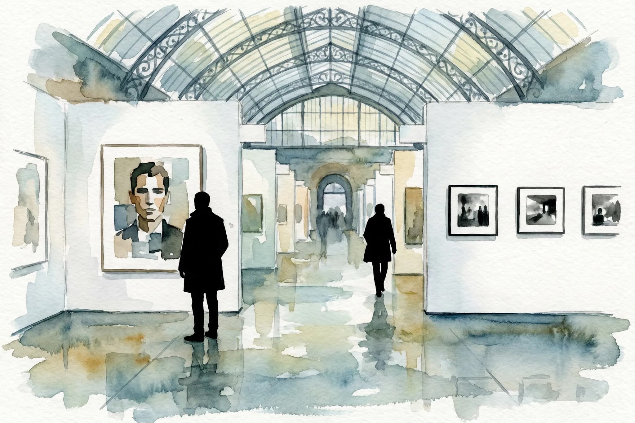 AI-generated watercolor: interior of an art-photography fair at Olympia London, wide aisle running through the National Hall with ornate Victorian glass-and-iron roof structure visible overhead in soft watercolor wash, white temporary booth walls on either side, on the left booth wall a single large-format framed photograph showing an obviously AI-generated computationally manipulated portrait — an uncanny faceless figure rendered impressionistically, on the right booth three traditional silver-gelatin black-and-white prints in narrower frames, two visitors as pure dark silhouettes — one standing close to the AI portrait, one walking through the aisle in middle distance
