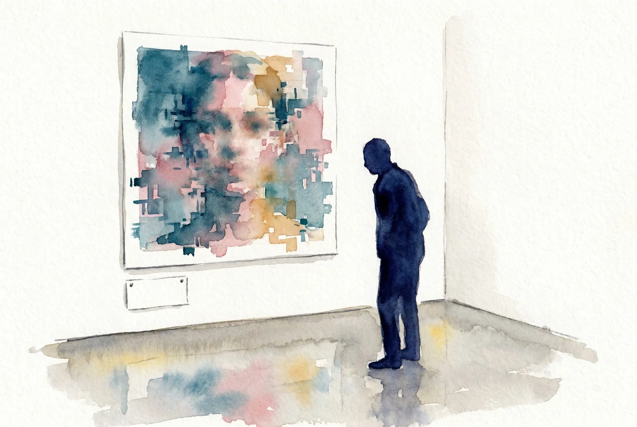 AI-generated watercolor: tight close-up gallery vignette of a single contemporary photograph hanging on a white booth wall, the photograph itself a generative AI-style portrait that dissolves at the edges into pixelated noise, rendered impressionistically with washes of cobalt teal dusty pink and warm ochre simulating the look of a fine-art inkjet print, below the print a small minimal blank wall label, to the right of the print a single viewer rendered as a pure dark silhouette in three-quarter back view contemplating the work