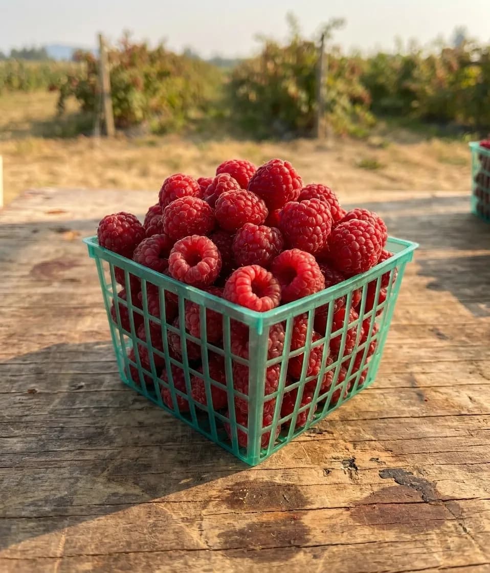 Freshly picked red raspberries filling a cardboard quart basket on a wooden farm table